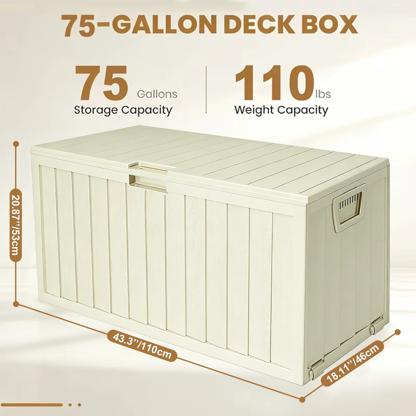 75 Gallon Resin Waterproof Deck Box W/ Bottom Pulleys, for Patio Furniture