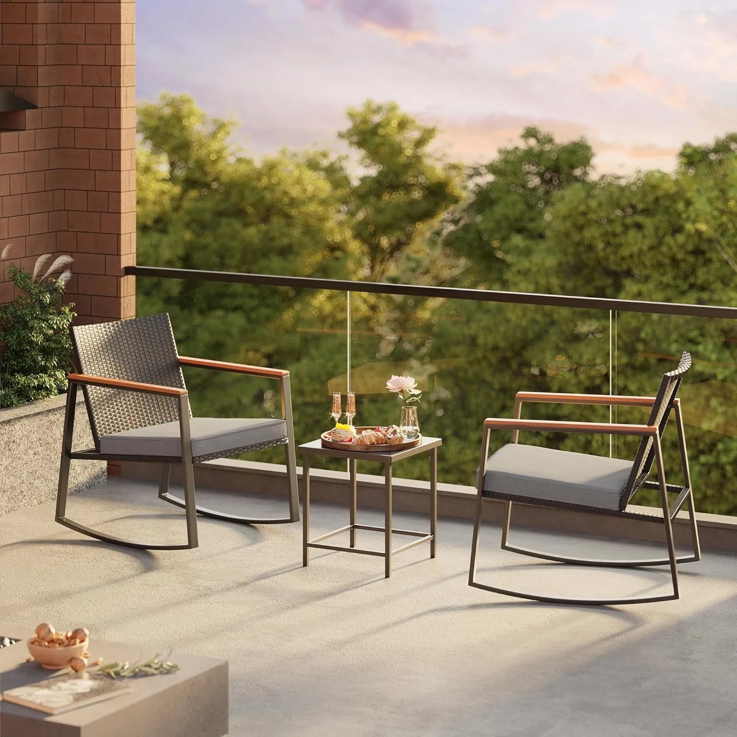 3 Pieces Rocking Patio Bistro Set with Anti-Scald Armrest,