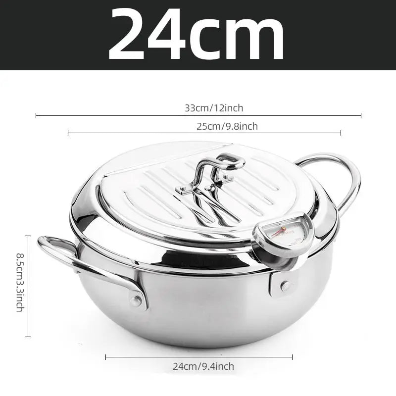 Deep Frying Pot with Thermometer Lid for Kitchen Stainless Steel Pans