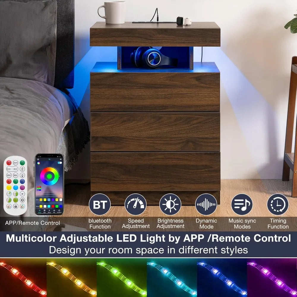 Rustic Brown Nightstand w/ Wireless Charging Station Walnut Wood 3 Drawers