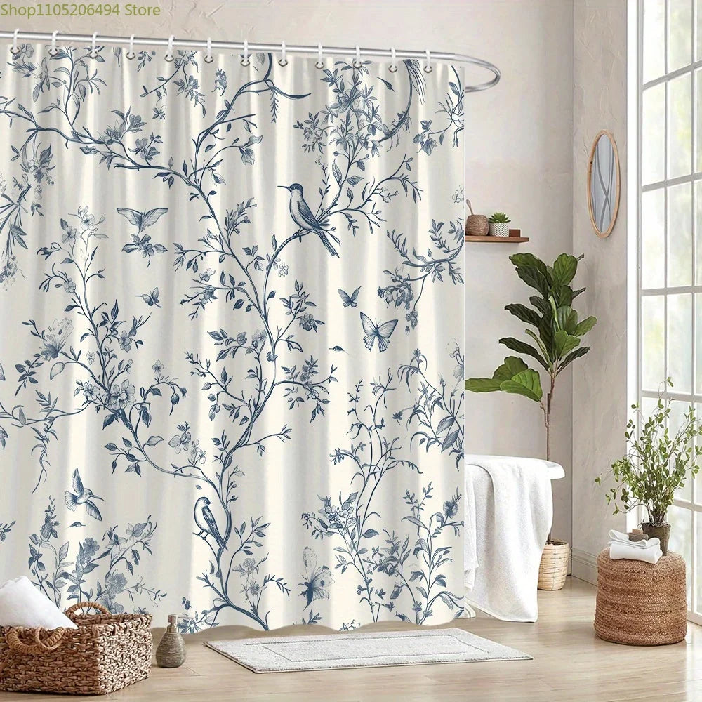 1pc Vintage Floral Shower Curtain - Elegant Blue Branches & Birds