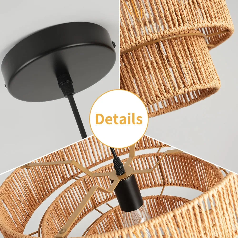 Handmade Natural Hemp Rope Chandelier Lamp Household Wood Woven Light for Homestay Cafe Bar Hotel Teahouse Indoor Decor Light