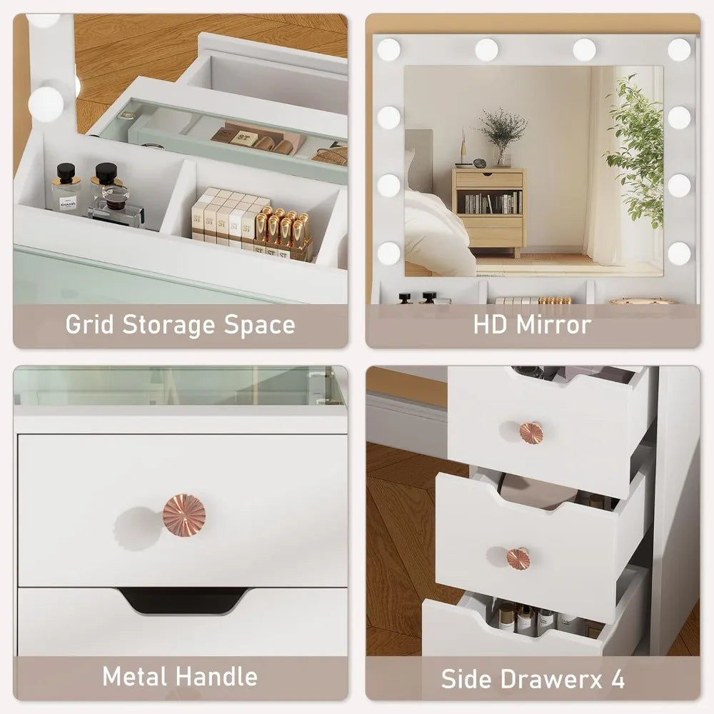 White Vanity Desk W/ Mirror & Lights, Glass Top, 5 Drawers, 3 Modes Dimmable LED