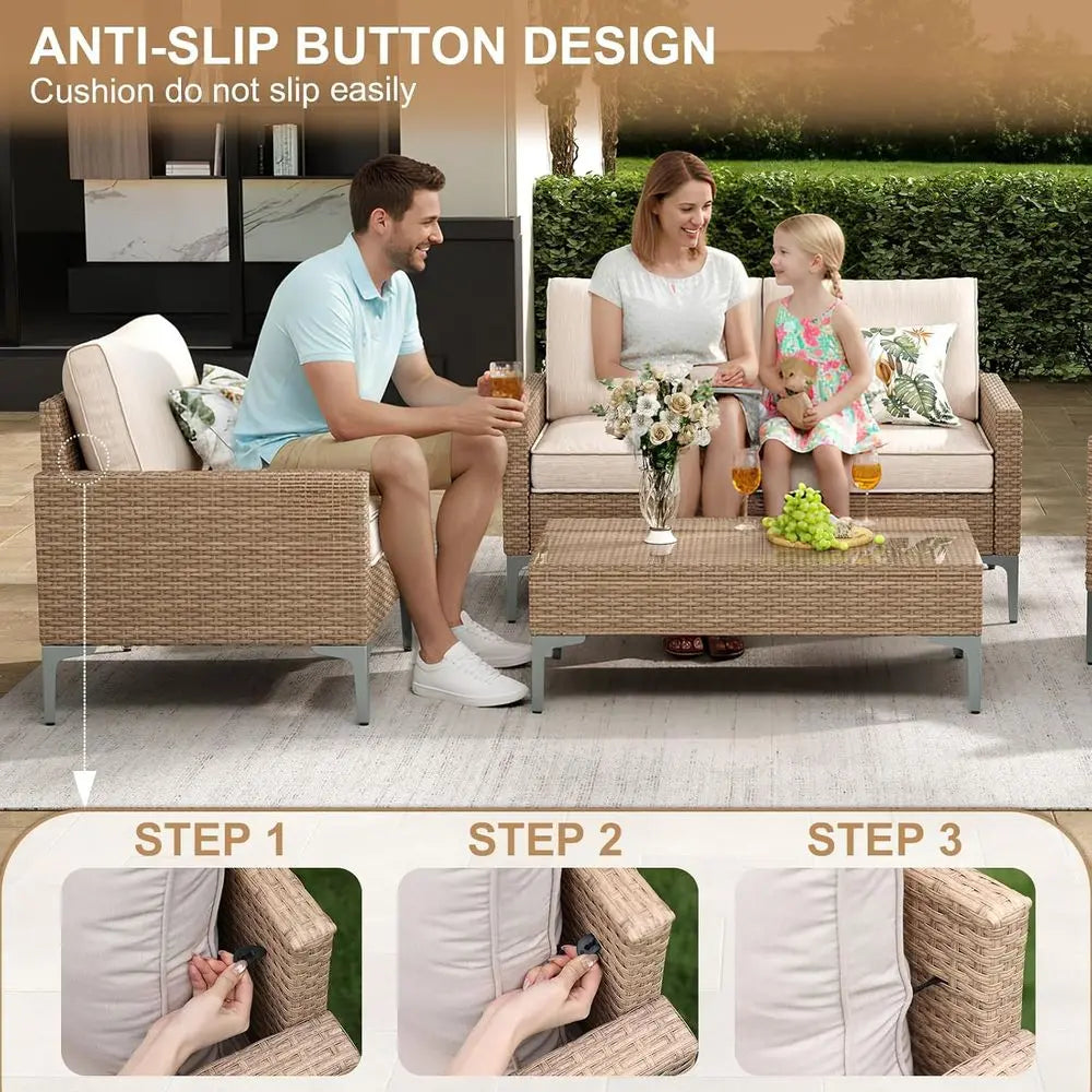 All-Weather Wicker Patio Sectional Set, Tempered Glass Table W/Thick Cushions