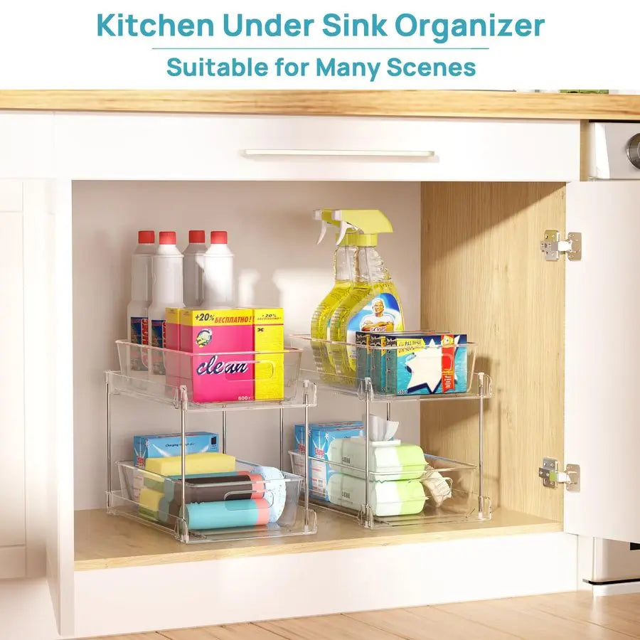 4 Pack Bathroom Organizer, 2 Tier Clear Under Sink Organizers Pullouts