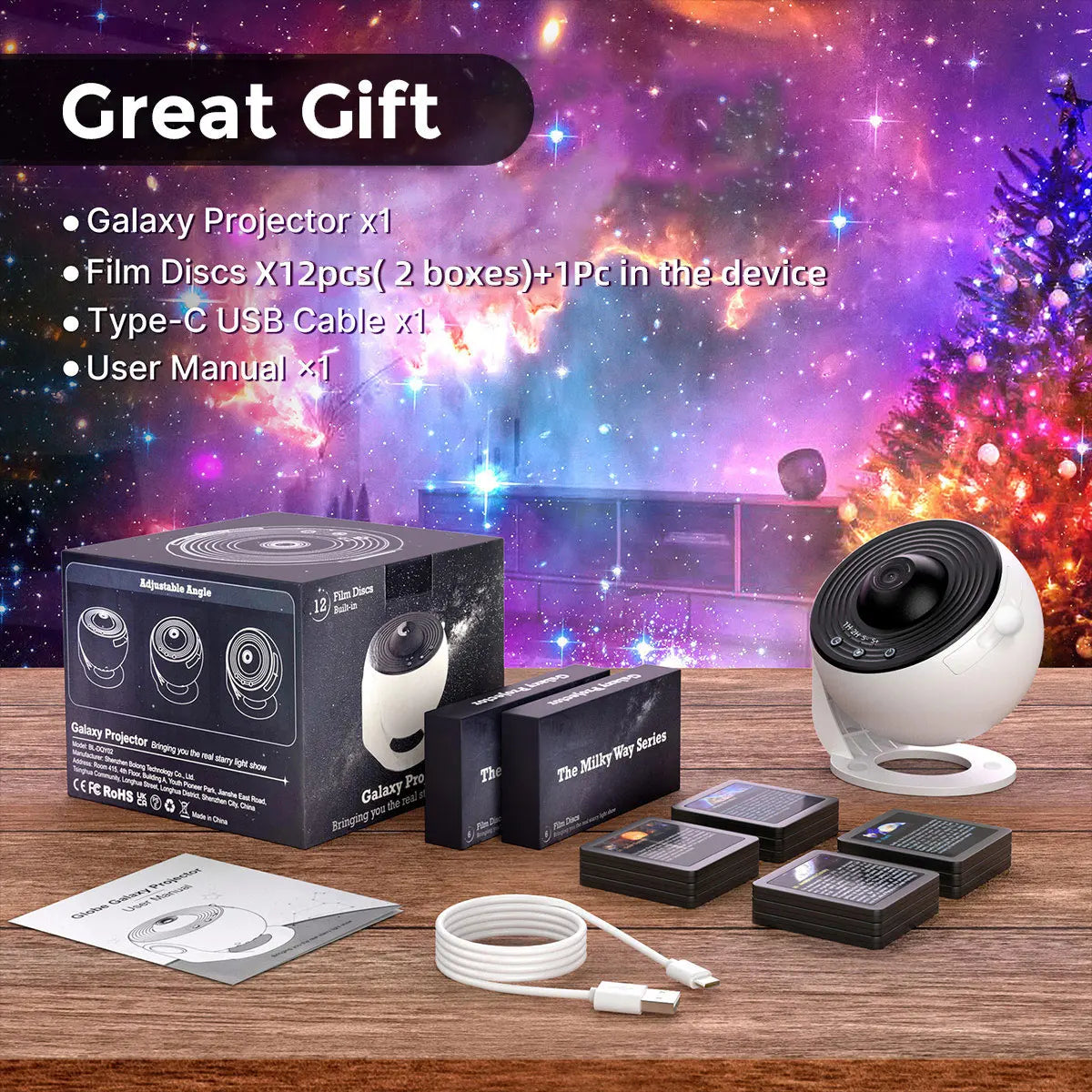 1 Galaxy Ultra Star Projector HD Image Area LED Night Light, 13 Film Discs,360° Rotate 1/2h Timer