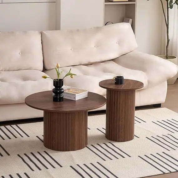 Round Nesting Coffee Tables Set of 2, Wood Slat Side Table