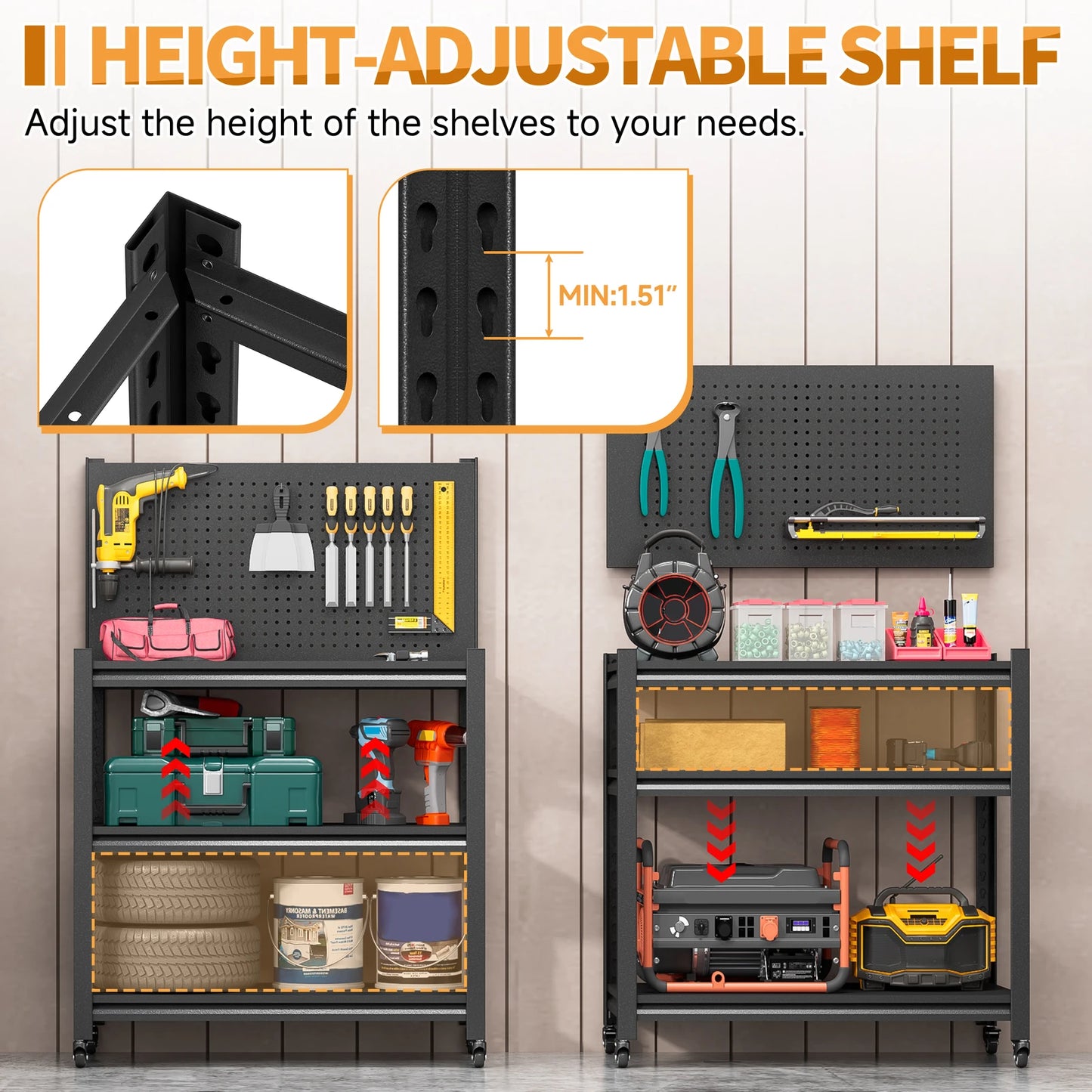 Tool Storage Workbench Rolling Shelving W/ Pegboard