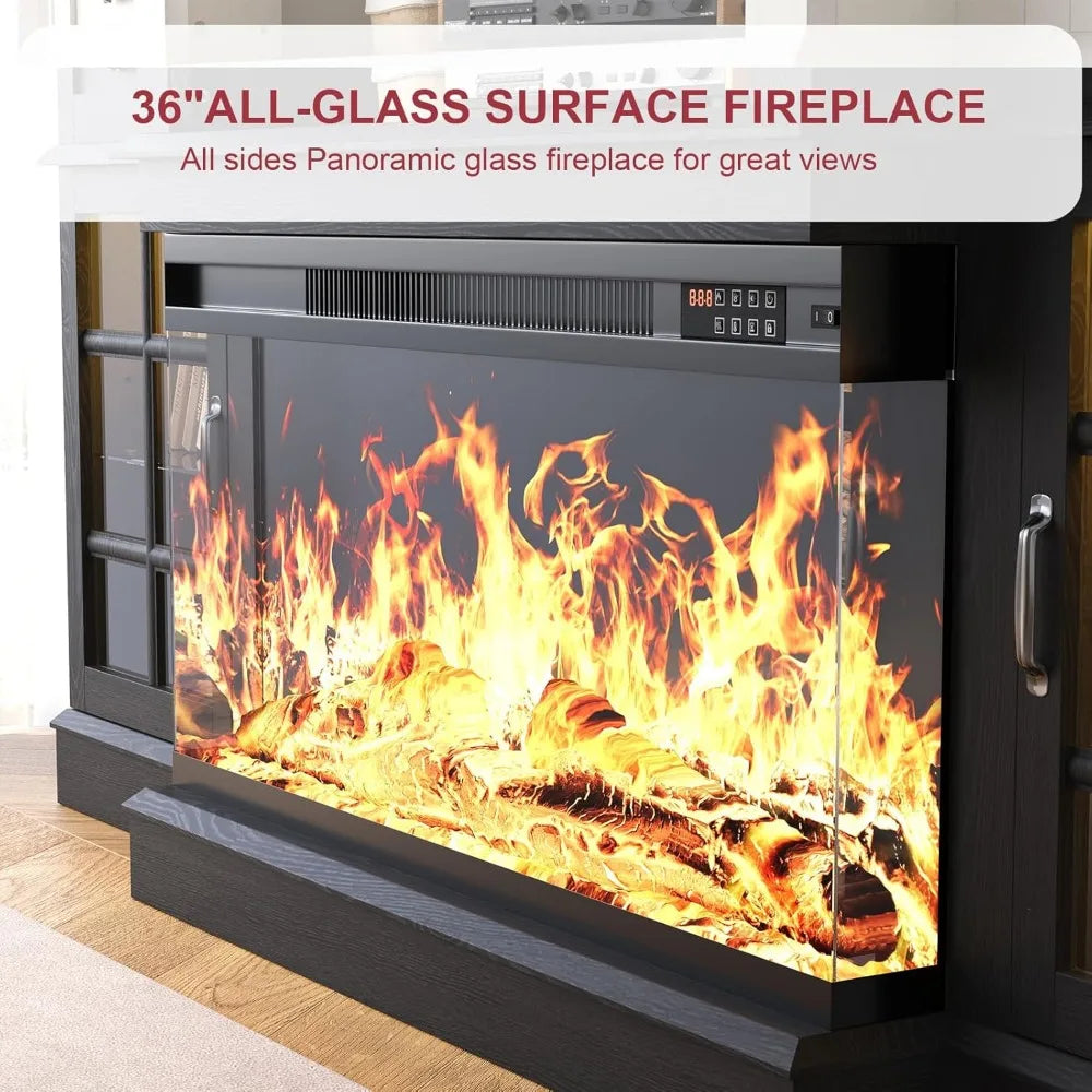 Oenomel 70 Fireplace TV Stand with 3-Sided Glass Fireplace, Modern Wood Entertainment Center with LED Lights and Glass Door, 36