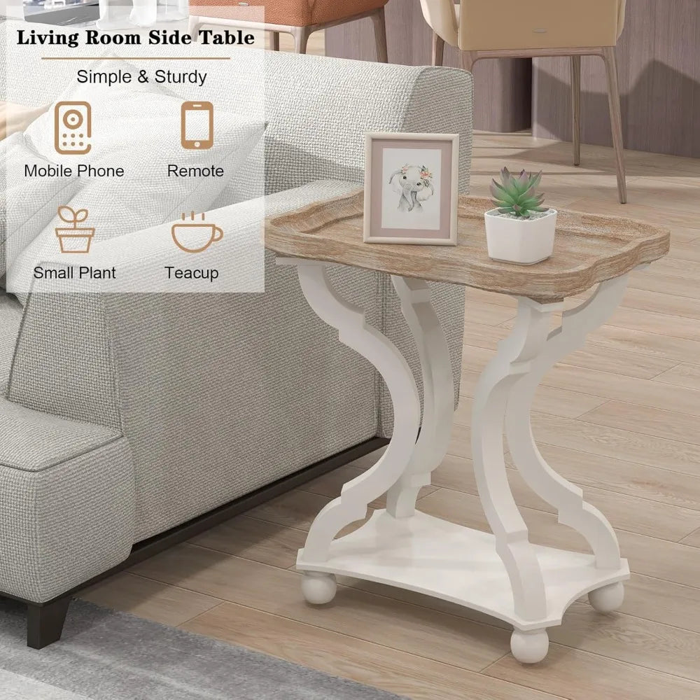 2 Farmhouse Accent End Table with Natural Tray, Solid Wood Frame