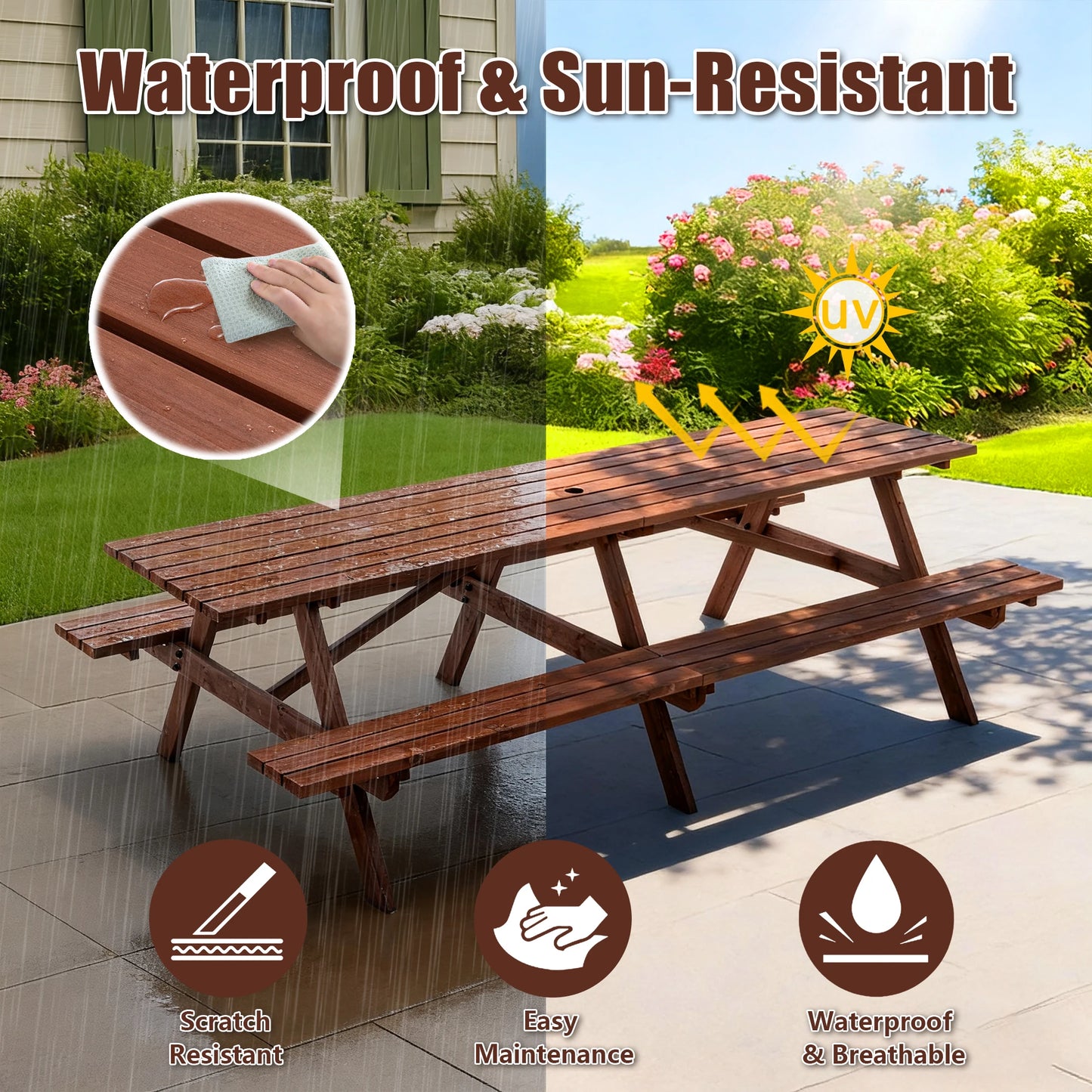 Large 12-Person Wooden Picnic Table Outdoor, Weatherproof w/ Umbrella Hole, Ideal for BBQ & Gatherings