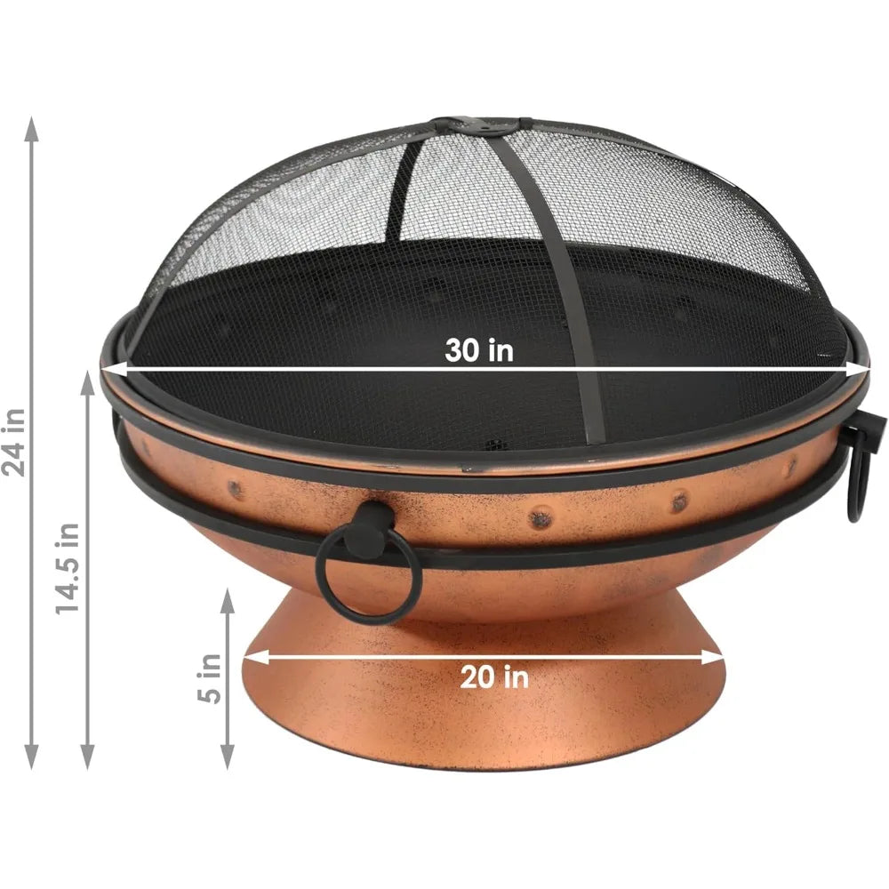 Sunnydaze 30-Inch Large Outdoor Fire Pit - Wood Burning Fire Pit for Outside with Poker and Screen - Copper Finish - Royal Cauld