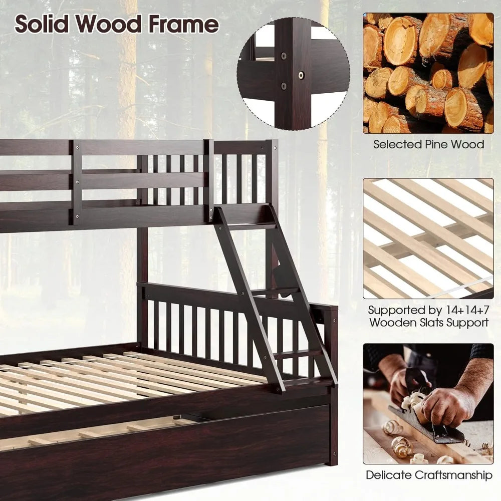 Twin over full bunk bed W / trundle, solid pine wood frame, space-saving design with ladder and safety rails