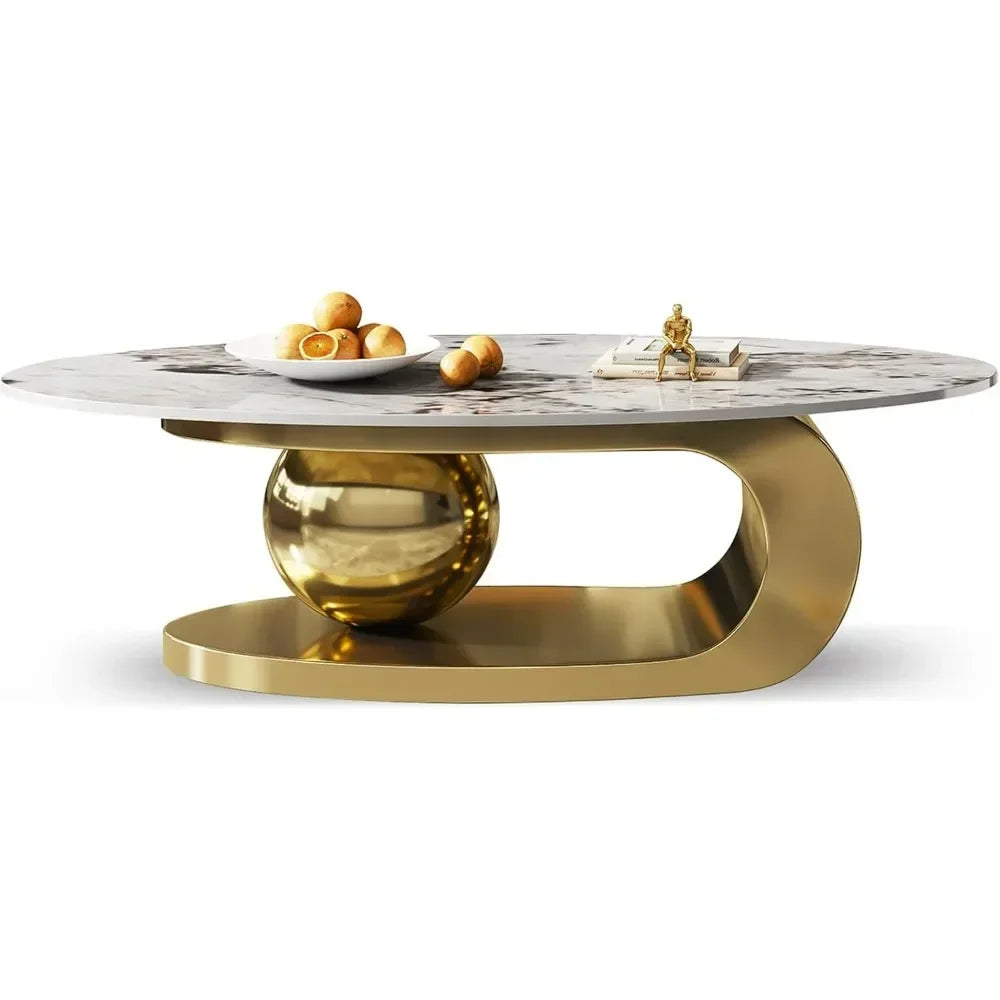Modern Oval Stone Coffee Table with Abstract Gold Metal Base