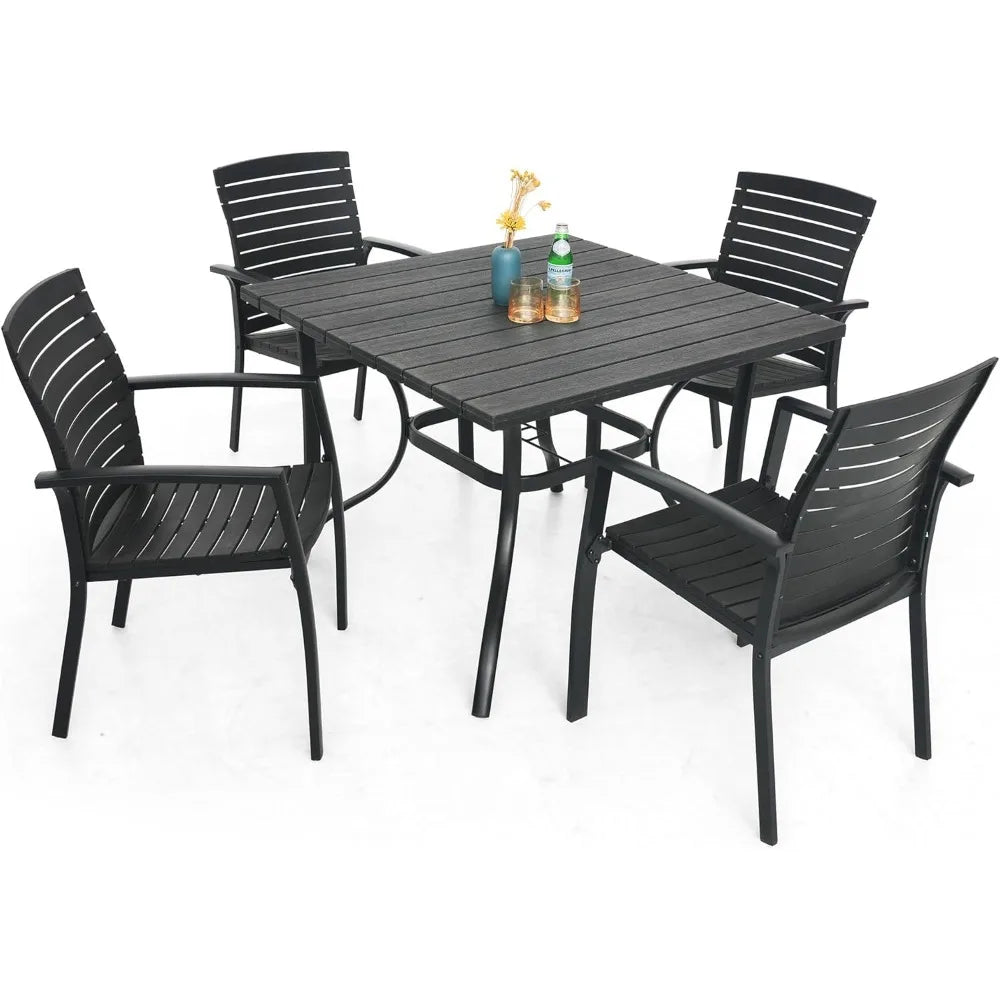 Outdoor Dining Table with 1.6 Umbrella Hole, Picnic Table Brown Plastic
