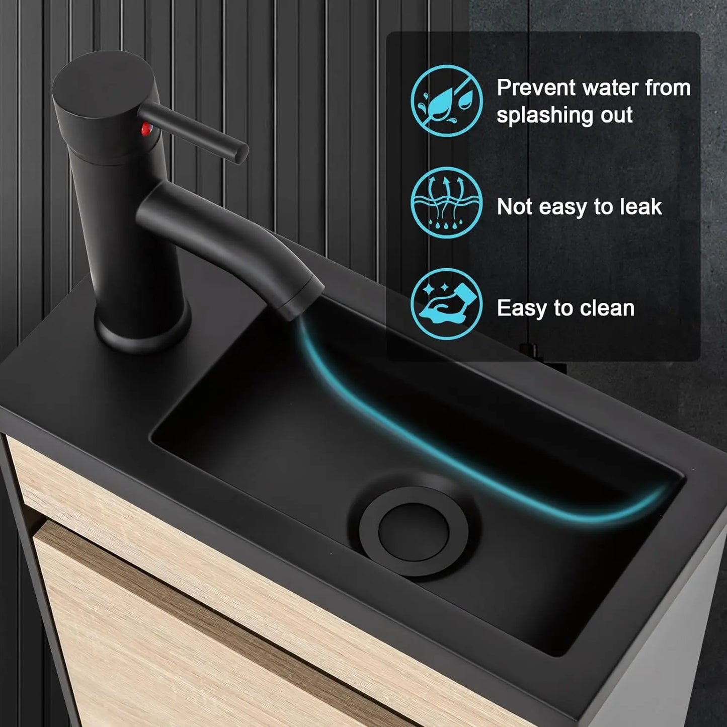 16" Small Bathroom Vanity, Black & Natural Mixed with Ceramic Sink