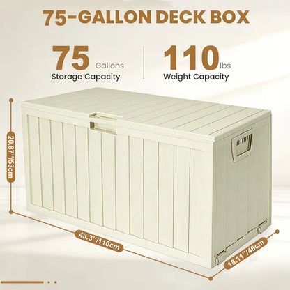 75 Gallon Resin Waterproof Deck Box W/ Bottom Pulleys, for Patio Furniture