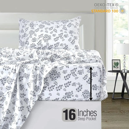 LUX Décor Floral Sheet Set - 3 Piece Ultra-Soft Microfiber Bed Sheets W /Flat Sheet, 16 Inches Deep Pocket Fitted Sheet
