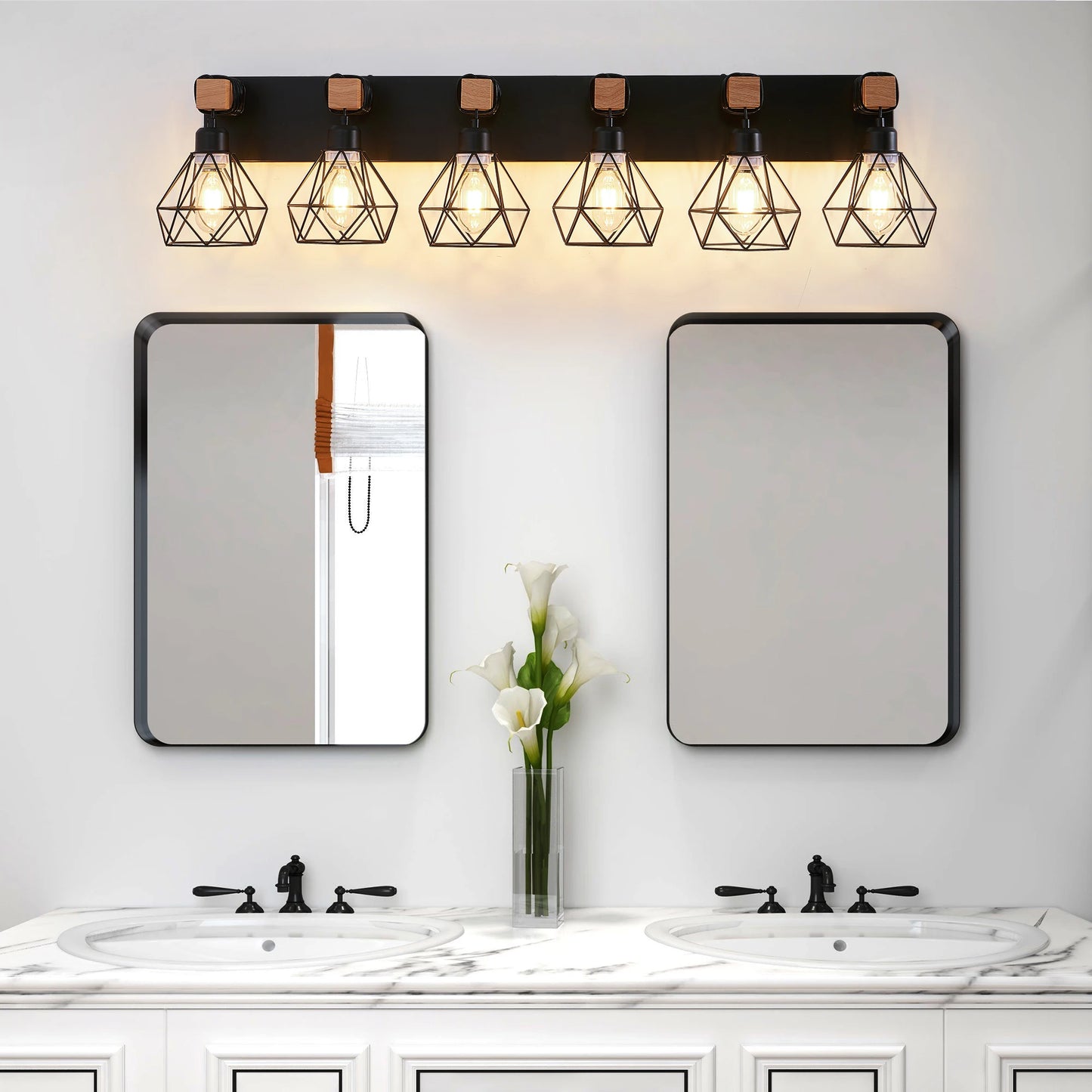 Vanity Wall Light | Cage Farmhouse Geometric Style | Black Iron Metal | E26 Bulb Socket