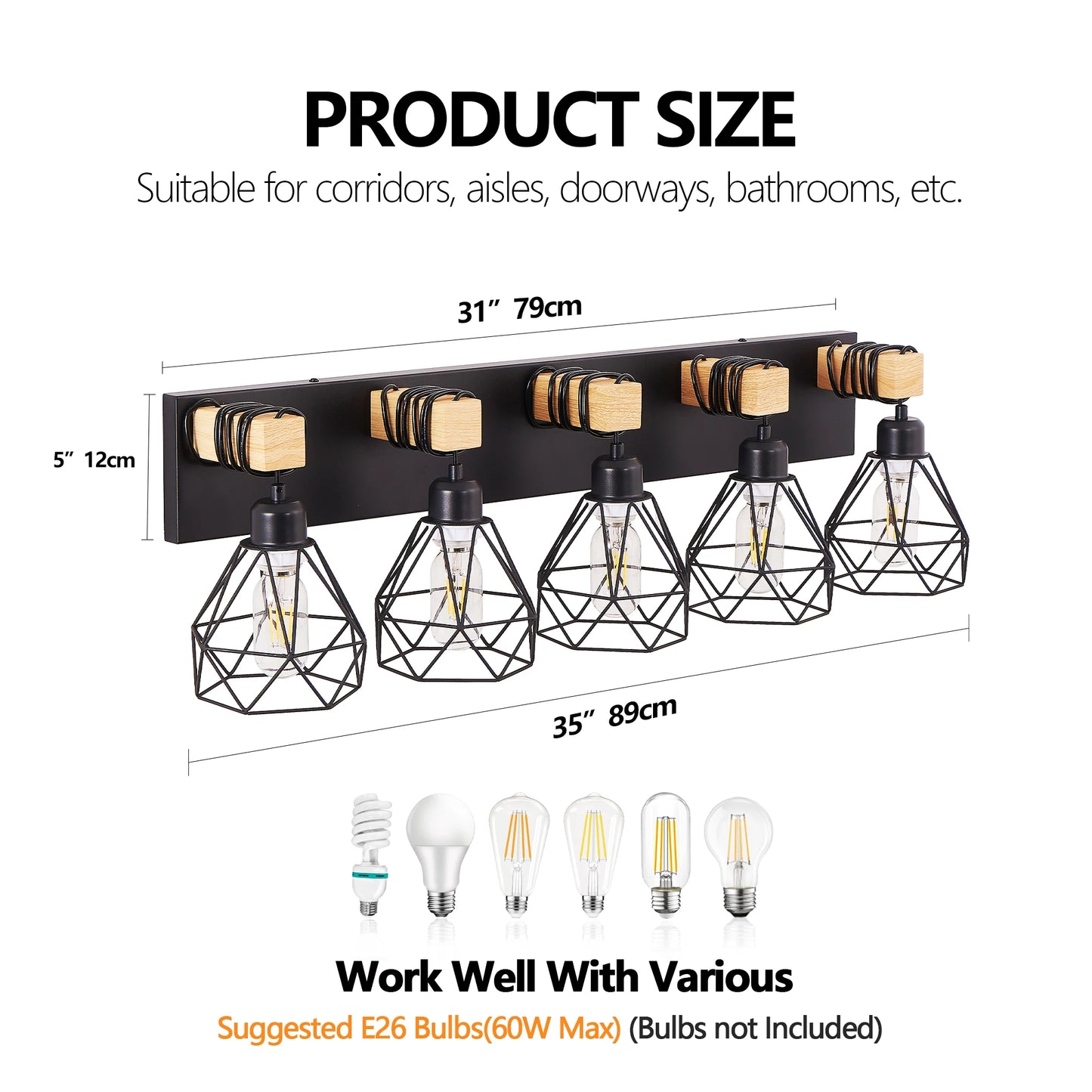 Vanity Wall Light | Cage Farmhouse Geometric Style | Black Iron Metal | E26 Bulb Socket