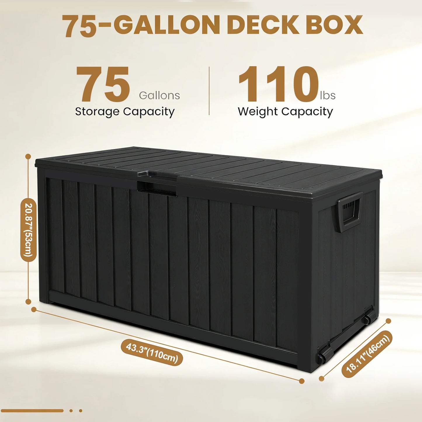 75 Gallon Resin Waterproof Deck Box W/ Bottom Pulleys, for Patio Furniture