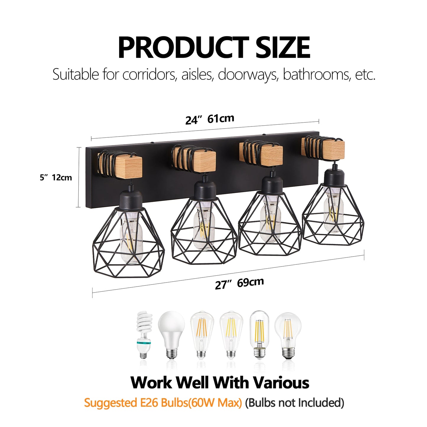 Vanity Wall Light | Cage Farmhouse Geometric Style | Black Iron Metal | E26 Bulb Socket