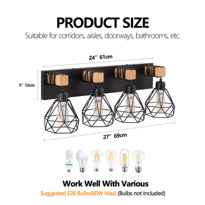 Vanity Wall Light | Cage Farmhouse Geometric Style | Black Iron Metal | E26 Bulb Socket