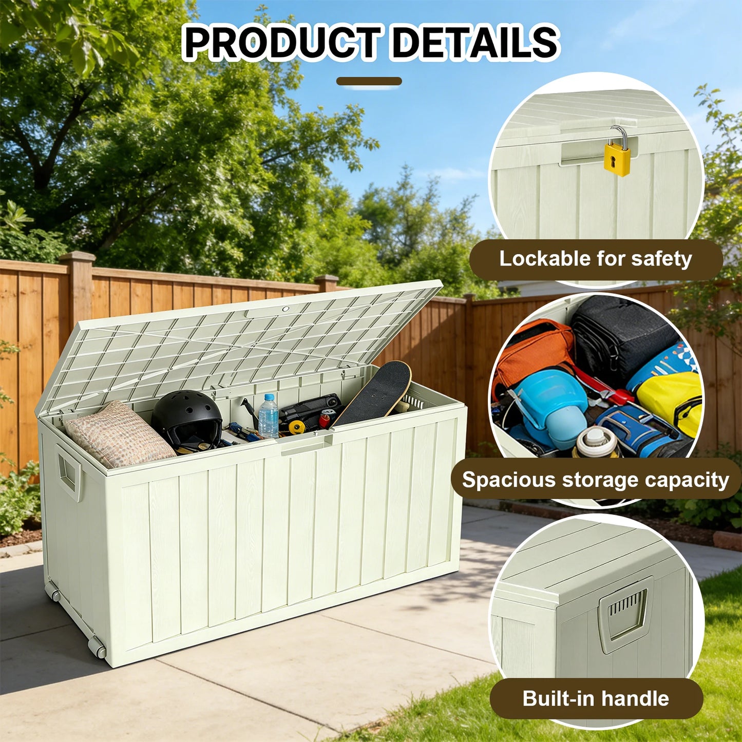 75 Gallon Resin Waterproof Deck Box W/ Bottom Pulleys, for Patio Furniture