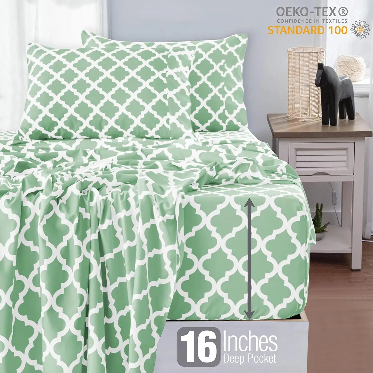 LUX Décor Quatrefoil Sheet Set - 4PC Ultra-Soft Microfiber Bed Sheets with Flat Sheet