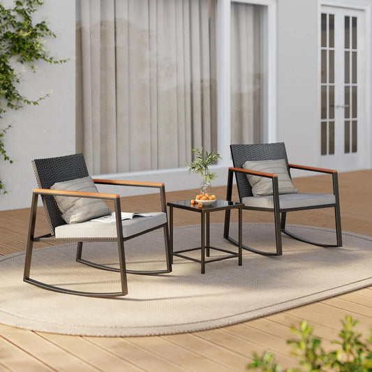 3 Pieces Rocking Patio Bistro Set with Anti-Scald Armrest,
