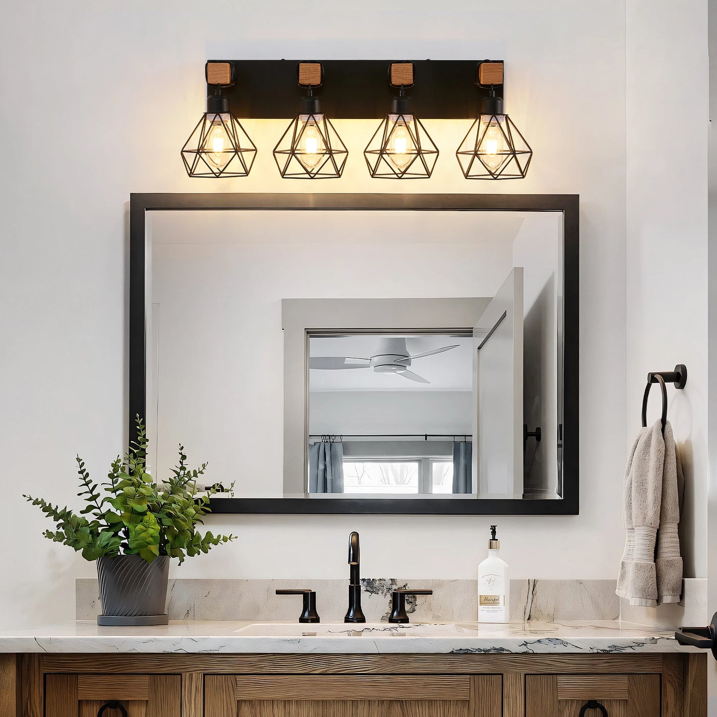 Vanity Wall Light | Cage Farmhouse Geometric Style | Black Iron Metal | E26 Bulb Socket