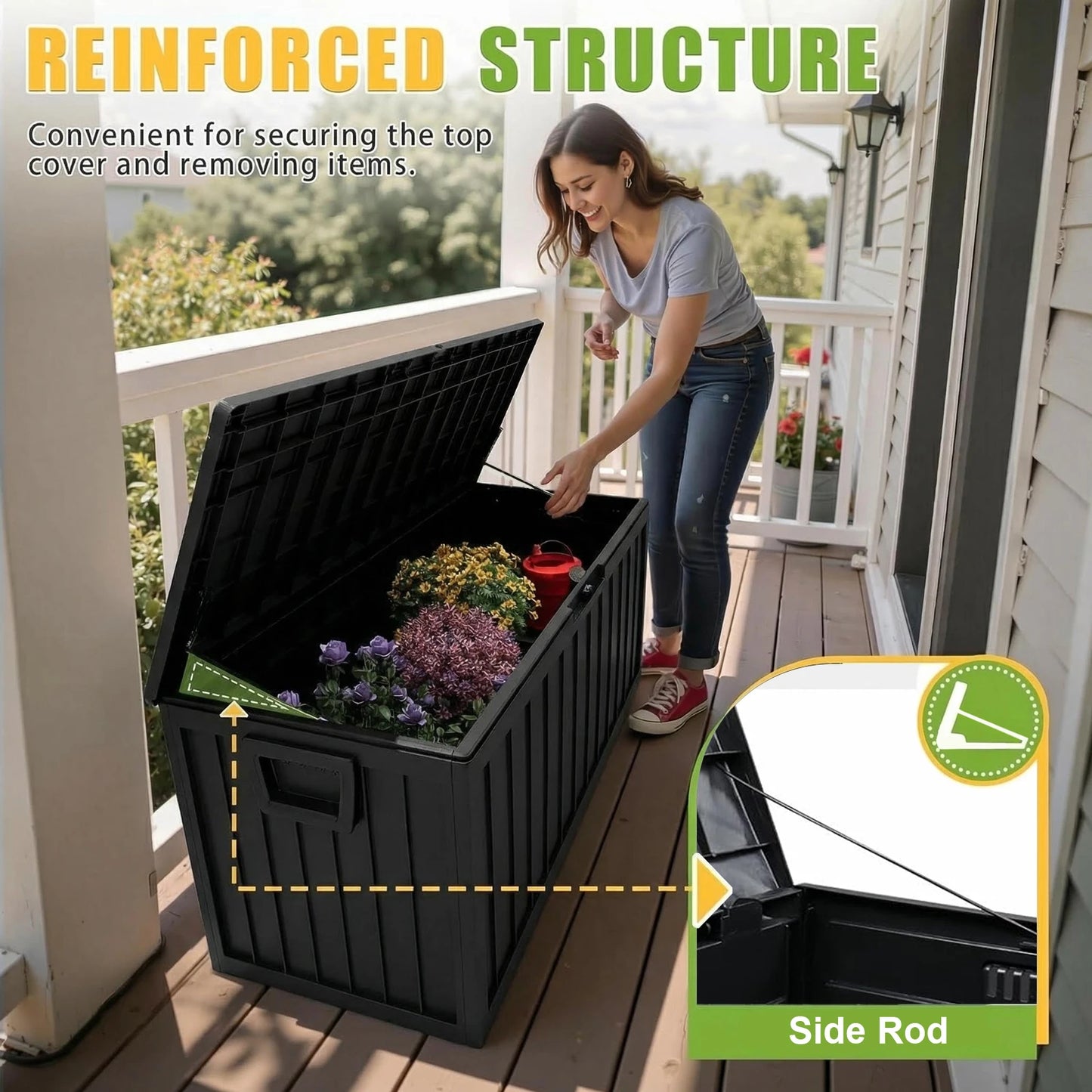 75 Gallon Resin Waterproof Deck Box W/ Bottom Pulleys, for Patio Furniture