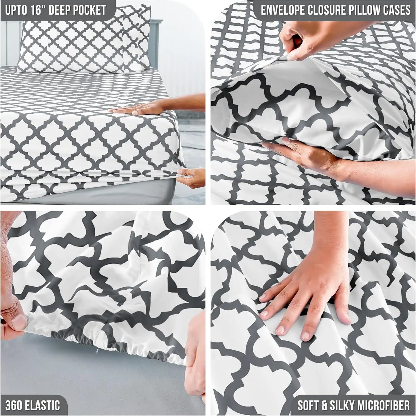 LUX Décor Quatrefoil Sheet Set - 4PC Ultra-Soft Microfiber Bed Sheets with Flat Sheet