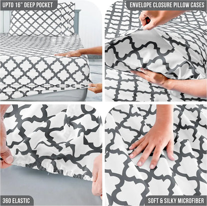LUX Décor Quatrefoil Sheet Set - 4PC Ultra-Soft Microfiber Bed Sheets with Flat Sheet