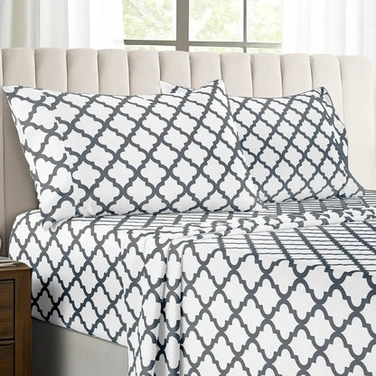 LUX Décor Quatrefoil Sheet Set - 4PC Ultra-Soft Microfiber Bed Sheets with Flat Sheet
