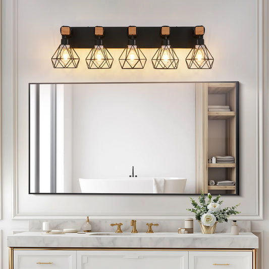 Vanity Wall Light | Cage Farmhouse Geometric Style | Black Iron Metal | E26 Bulb Socket