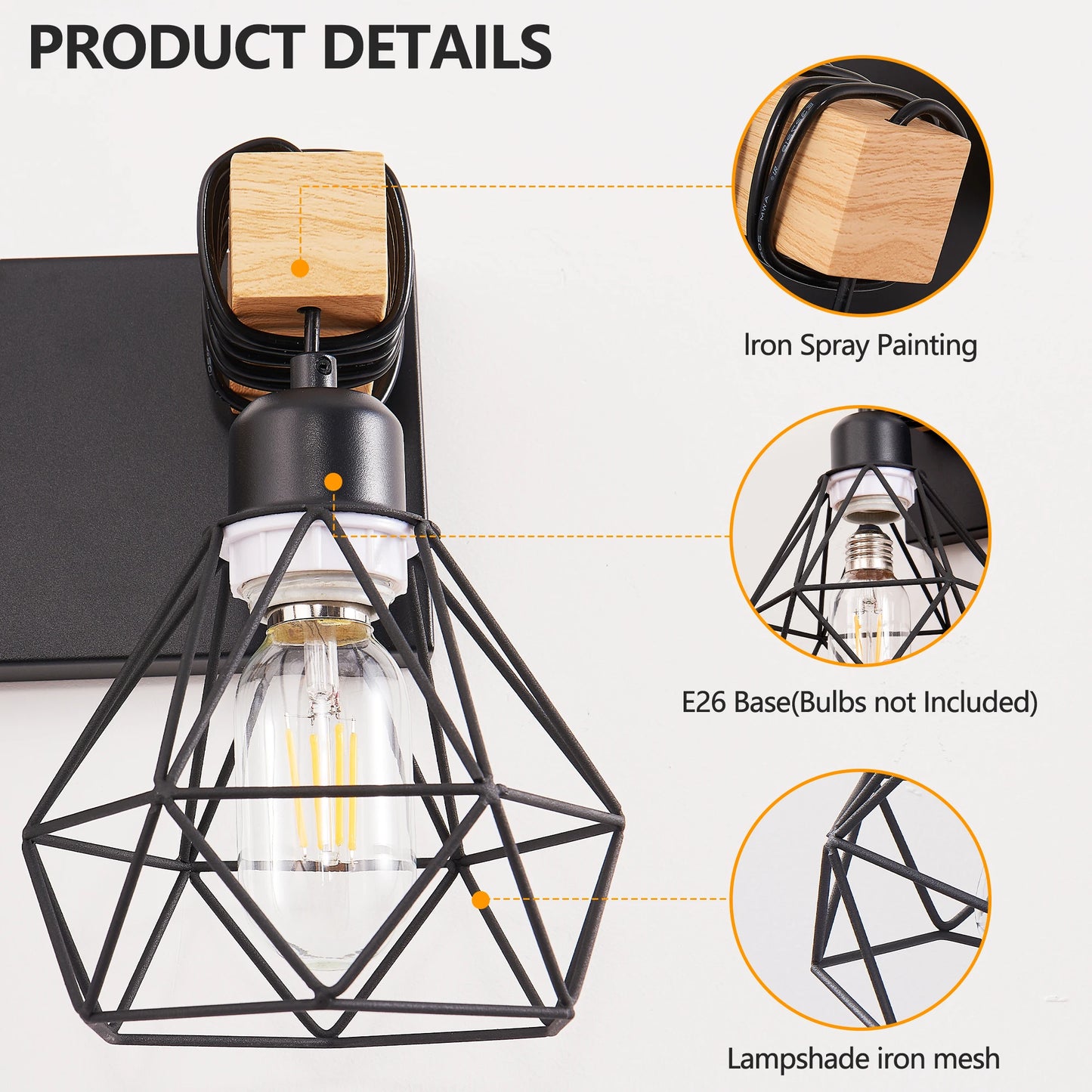 Vanity Wall Light | Cage Farmhouse Geometric Style | Black Iron Metal | E26 Bulb Socket