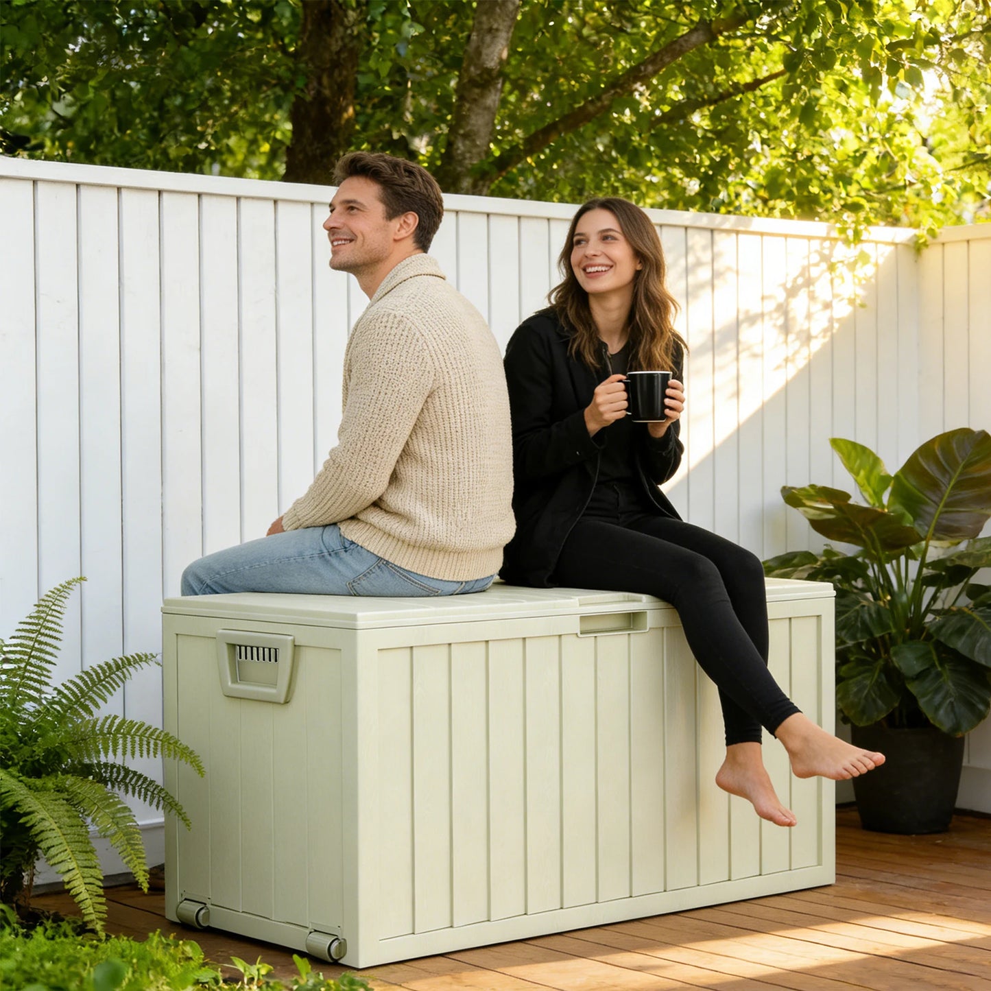 75 Gallon Resin Waterproof Deck Box W/ Bottom Pulleys, for Patio Furniture