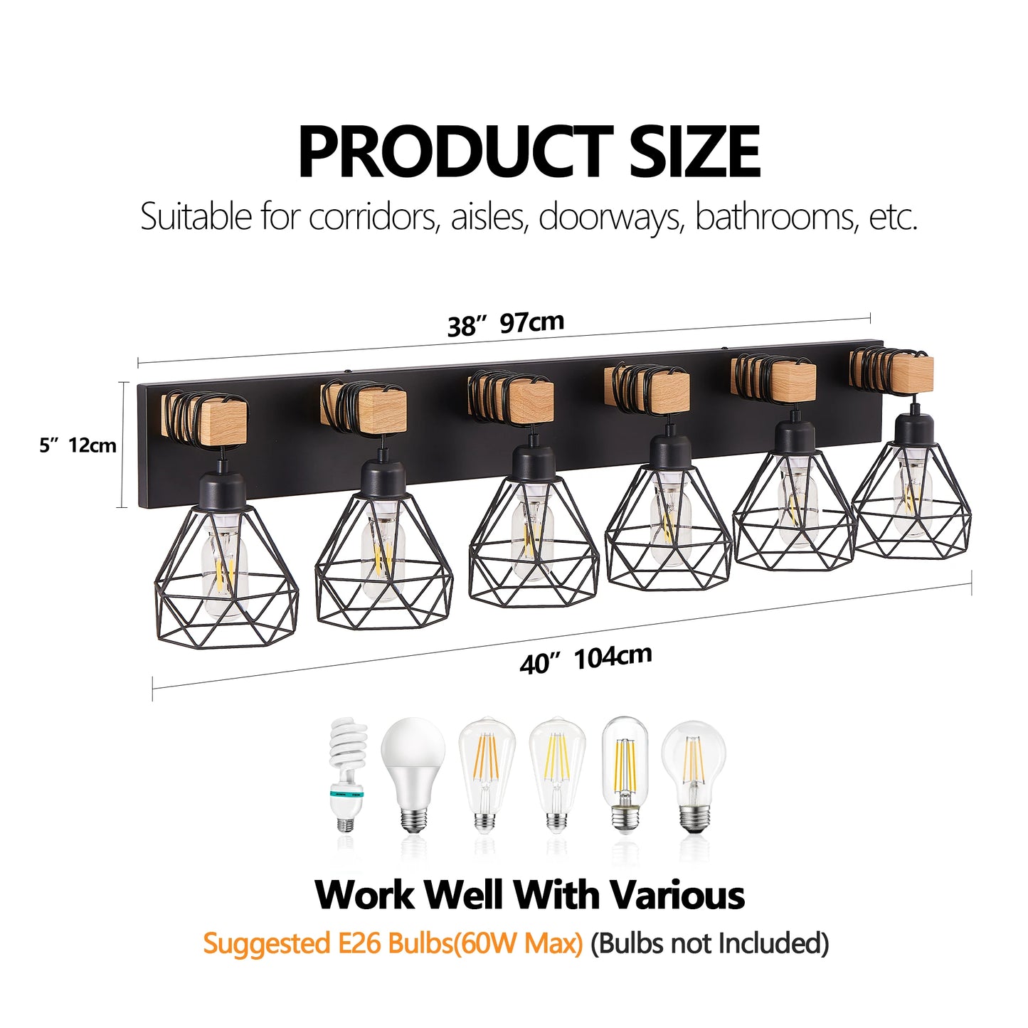 Vanity Wall Light | Cage Farmhouse Geometric Style | Black Iron Metal | E26 Bulb Socket