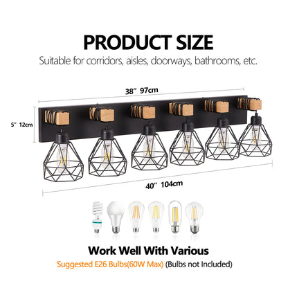 Vanity Wall Light | Cage Farmhouse Geometric Style | Black Iron Metal | E26 Bulb Socket