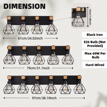 Vanity Wall Light | Cage Farmhouse Geometric Style | Black Iron Metal | E26 Bulb Socket