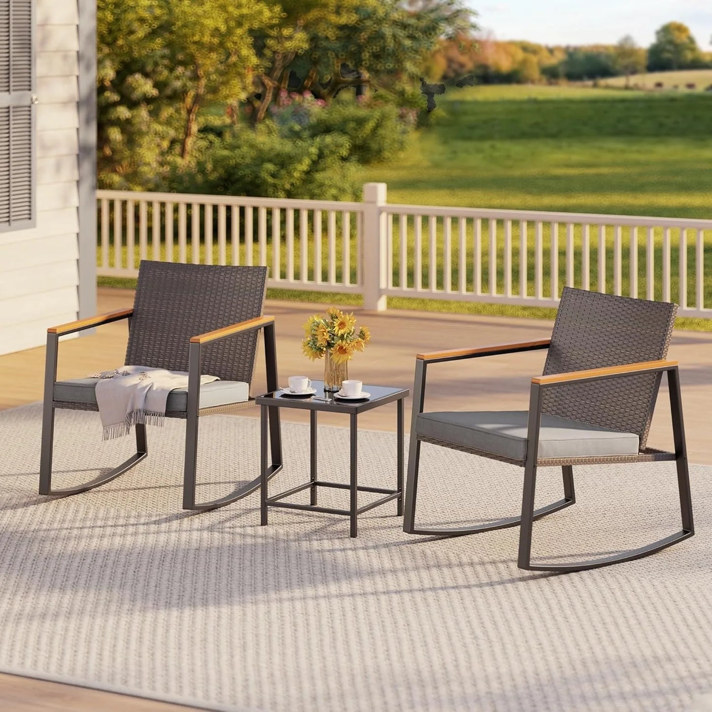 3 Pieces Rocking Patio Bistro Set with Anti-Scald Armrest,
