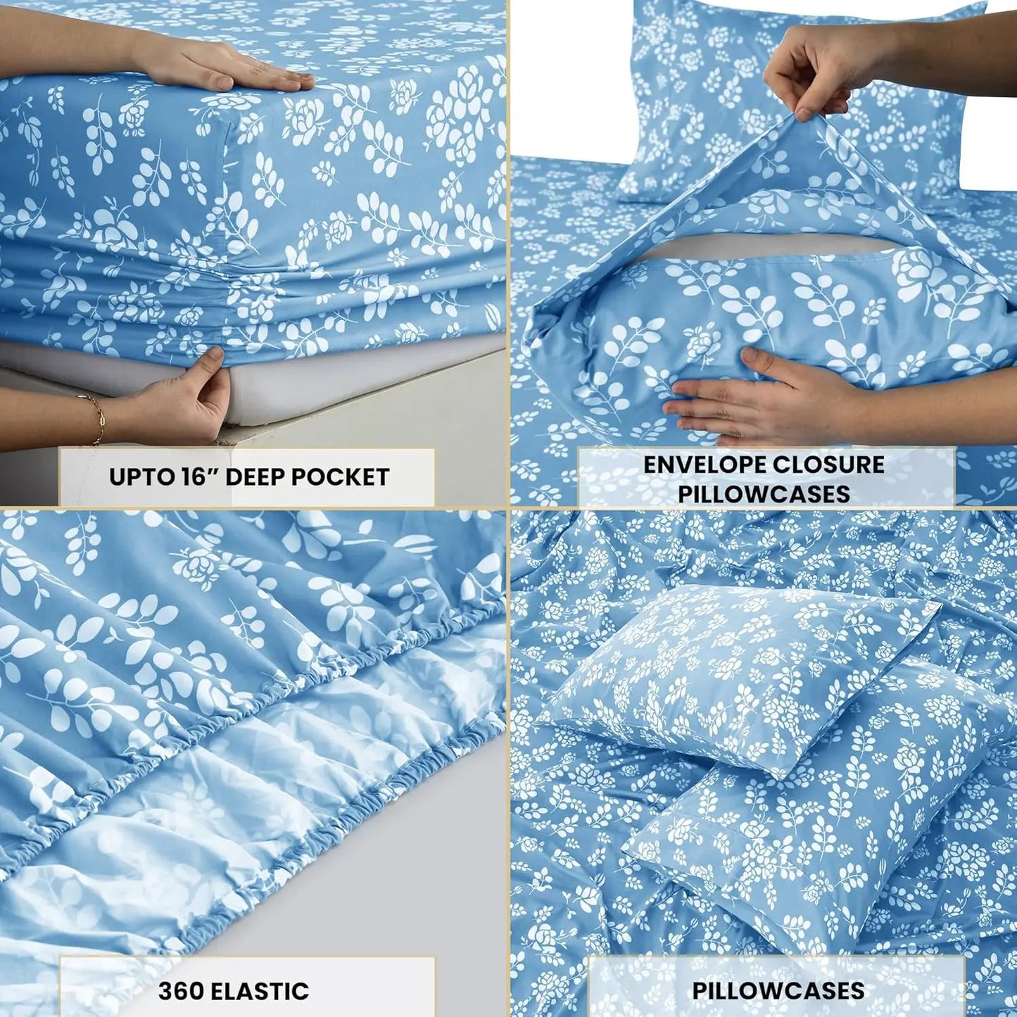LUX Décor Floral Sheet Set - 3 Piece Ultra-Soft Microfiber Bed Sheets W /Flat Sheet, 16 Inches Deep Pocket Fitted Sheet