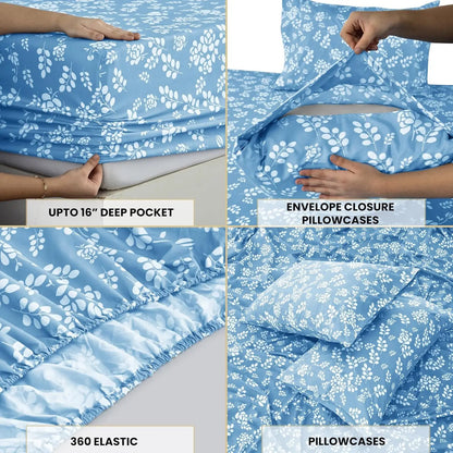 LUX Décor Floral Sheet Set - 3 Piece Ultra-Soft Microfiber Bed Sheets W /Flat Sheet, 16 Inches Deep Pocket Fitted Sheet