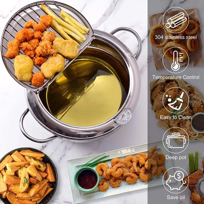 Deep Frying Pot with Thermometer Lid for Kitchen Stainless Steel Pans