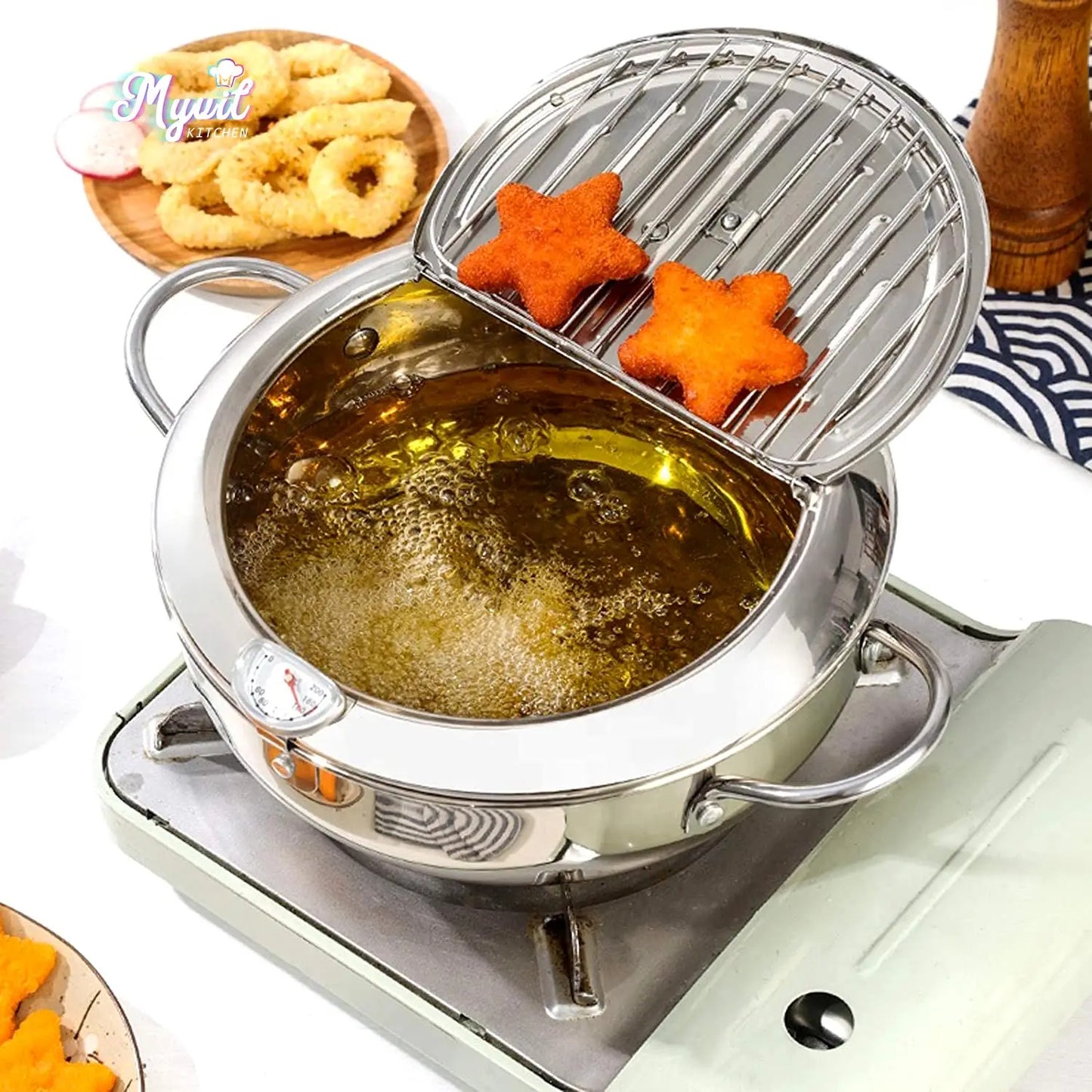 Deep Frying Pot with Thermometer Lid for Kitchen Stainless Steel Pans