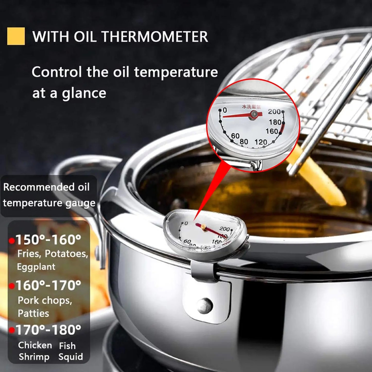 Deep Frying Pot with Thermometer Lid for Kitchen Stainless Steel Pans