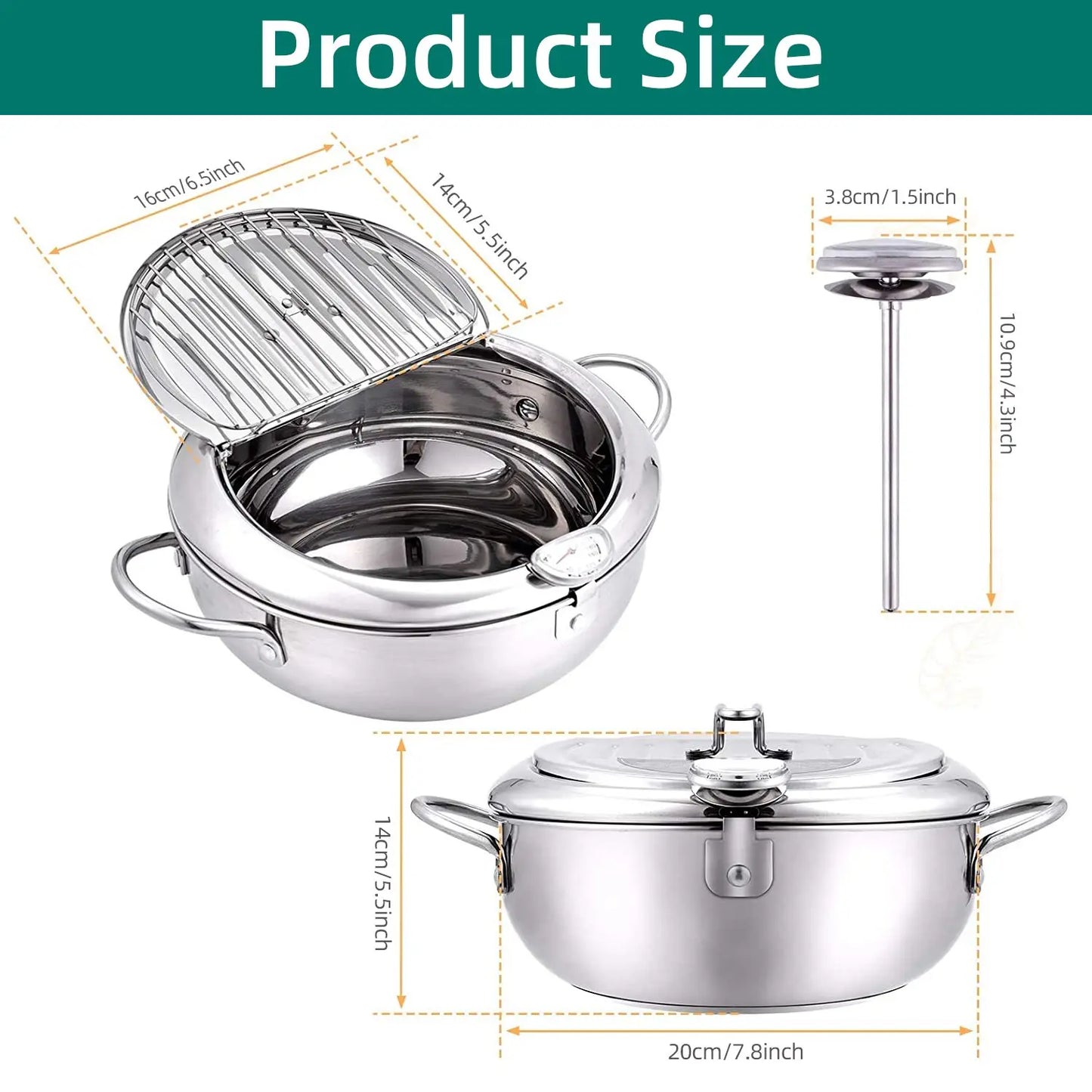Deep Frying Pot with Thermometer Lid for Kitchen Stainless Steel Pans