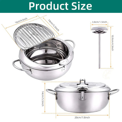 Deep Frying Pot with Thermometer Lid for Kitchen Stainless Steel Pans