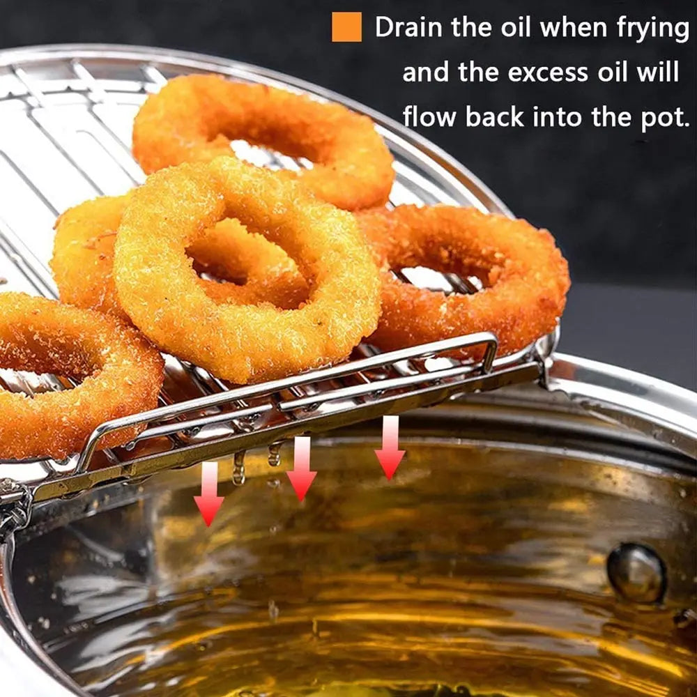 Deep Frying Pot with Thermometer Lid for Kitchen Stainless Steel Pans